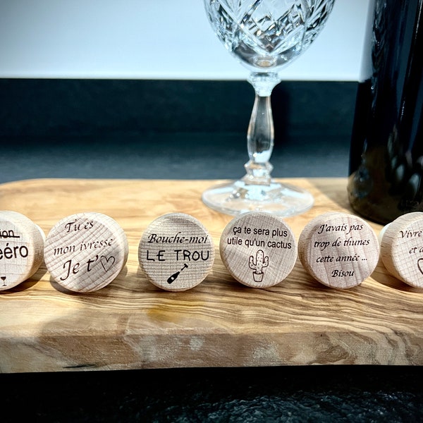 Bouchon de bouteille de vin personnalisé gravé en bois de hêtre , cadeau fête mariage humour