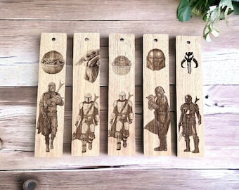 Walnut wood bookmarks inspired by the Star Wars universe The Mandalorian Grogu