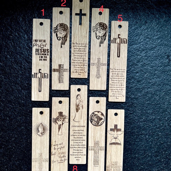 Marque pages en bois de chêne , thème christianisme, notre Père et sainte vierge Marie