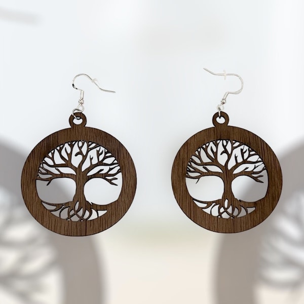 Boucles d oreilles arbre de vie bois de Noyer bijoux nature en bois fabriquées main Boucles d oreilles cadeau en bois rustique