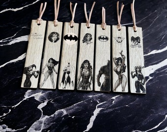 Engraved solid wood bookmarks inspired by the superheroes of the DC universe