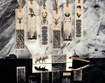 Marcapáginas de madera de nogal, tema bosque animales naturaleza, marcapáginas hecho a mano, regalo original para ofrecer
