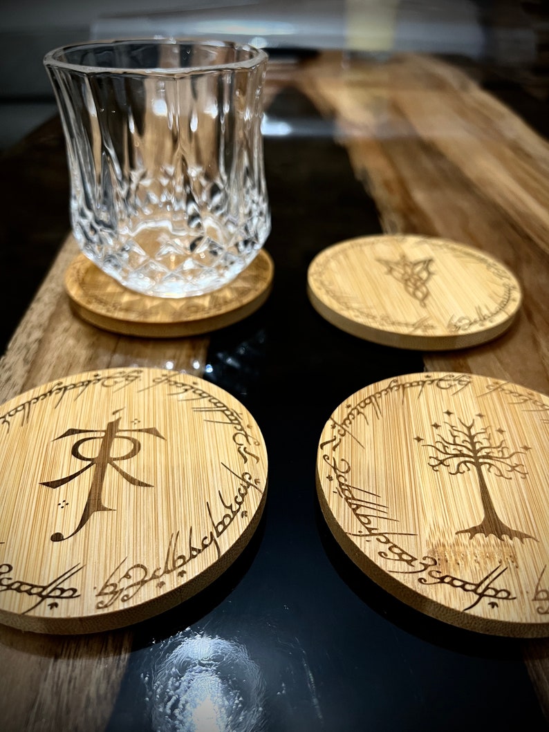 Tolkien coasters LOTR decor Middle earth coasters Bamboo wood coasters Lord of the Rings Hobbit home decor Tolkien fan gift For Home Table image 1
