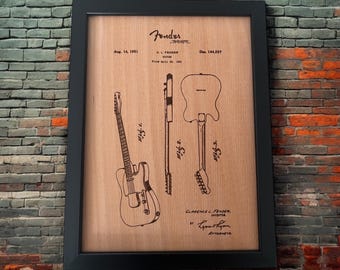 Decorative framed picture of a fender guitar plan on natural wood - gift idea for music fans - guitar art - Telecaster -