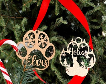 Anpassbare Weihnachtskugel aus Holz mit Hunde- und Katzenpfote
