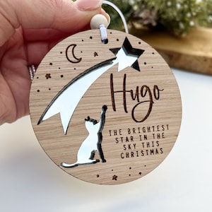 Personalised Cat Memorial Ornament: Mirrored Star, Oak Veneer Pet Loss Gift