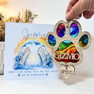 Paquete de tarjeta de condolencias para perros y adorno de pata de perro con forma de puente de arcoíris, regalo conmemorativo con forma de puente de arcoíris por la pérdida de un perro, atrapasol, regalo de condolencias para mascotas, pérdida de una mascota