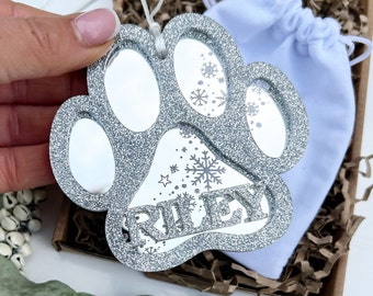 Personalised glitter dog Christmas ornament, Glitter dog decoration, Dog paw ornament, Personalised dog decoration, Dog ornament, Dog bauble