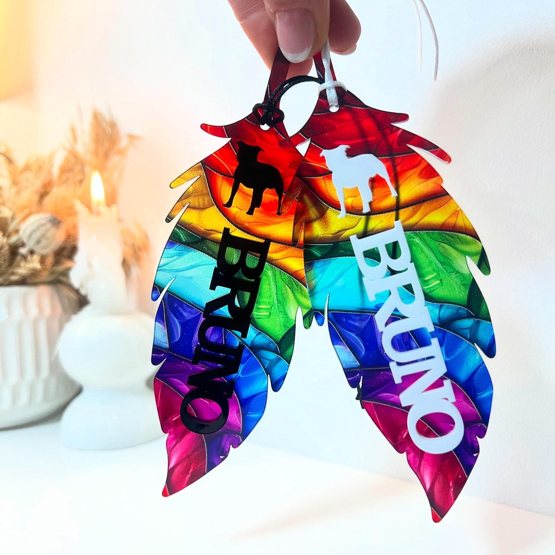 Personalised Rainbow Bridge Dog Memorial Feather: Stained Glass ...