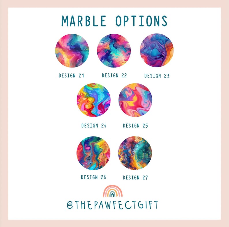 Peut inclure: Sept designs de marbrure color&eacute;s diff&eacute;rents, num&eacute;rot&eacute;s de 21 &agrave; 27. Les designs sont tous abstraits et pr&eacute;sentent des tourbillons de rose, bleu, jaune, vert et orange.