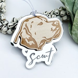 May include: A silver mirrored ornament with a laser-cut design of a dog's head and the name "Scout" written in cursive.