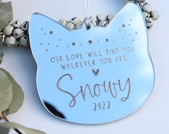 Silver Cat Christmas memorial ornament, Personalised pink cat Christmas decoration, Cat loss gift, Gift for loss of cat, Cat remembrance