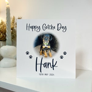 May include: A white card with black text that says "Happy Gotcha Day" and "Hank" with a paw print on either side of the name. There is a photo of a black and brown puppy in a circle in the center of the card. The date "19th May 2024" is printed below the name.