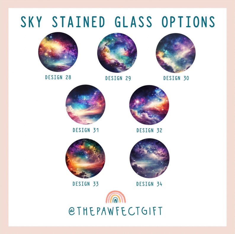 Peut inclure: Six designs diff&eacute;rents de vitraux sur le th&egrave;me de la galaxie. Chaque design est un cercle avec une disposition diff&eacute;rente d'&eacute;toiles, de nuages et de couleurs. Les designs sont num&eacute;rot&eacute;s de 28 &agrave; 34.