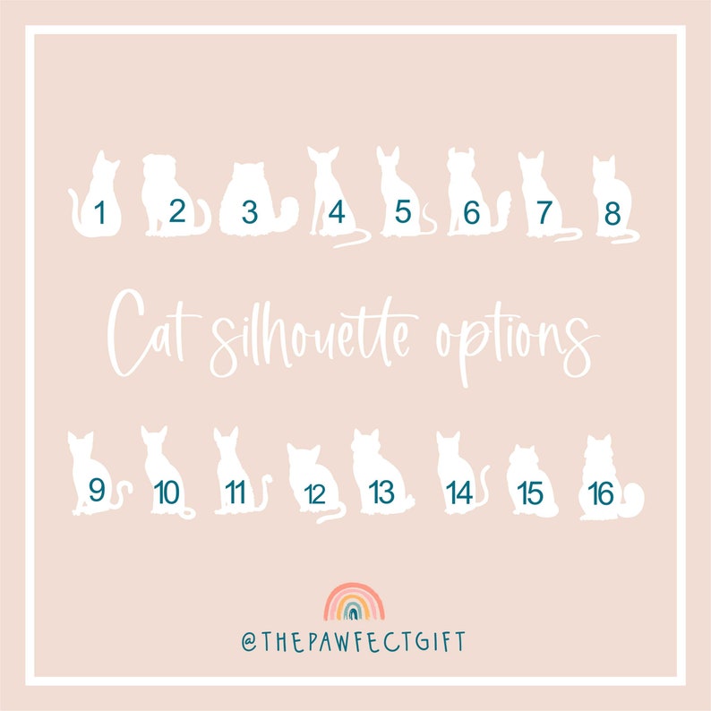 May include: A chart with 16 different cat silhouette options, numbered 1 through 16. The silhouettes are white against a light pink background. The text "Cat silhouette options" is written in a cursive font below the silhouettes. The text "@thepawfectgift" is written below the text "Cat silhouette options".