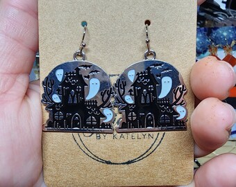 Gold or silver plated haunted house charm style earrings