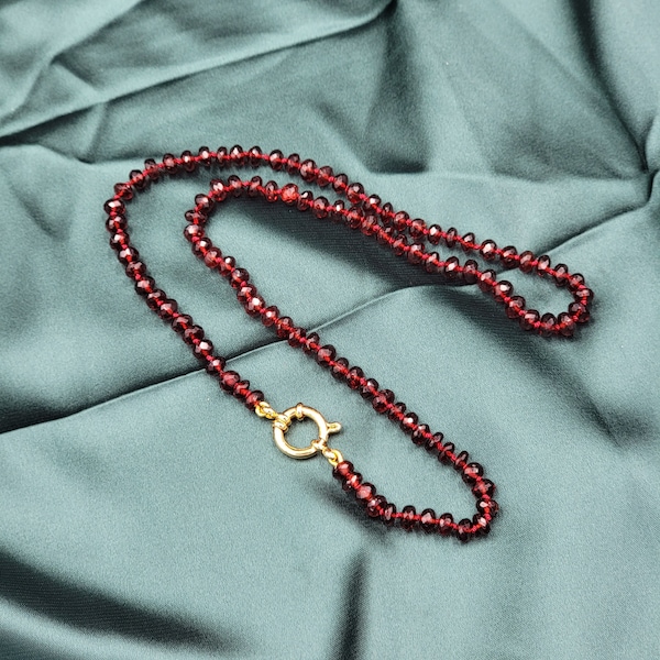 Hand-knotted silk Mozambique Garnet necklace with 24k gold filled clasp. January Birthstone. Holiday necklace. Gifts for her