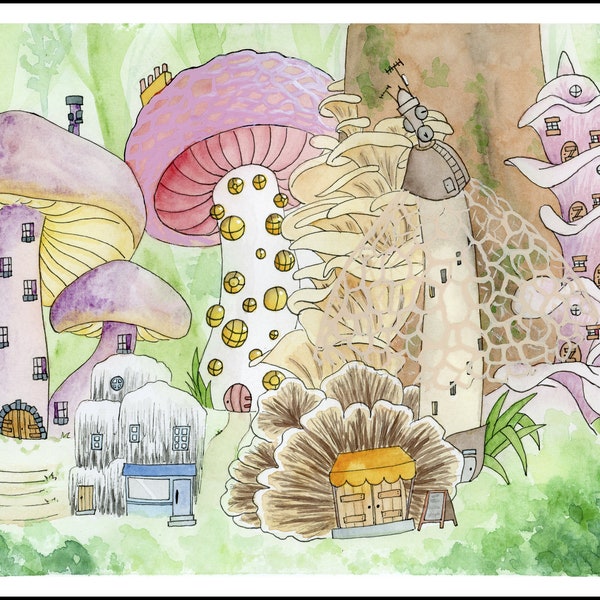 Le quartier des champignons - Reproduction fine art sur papier aquarelle