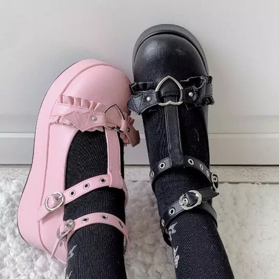 Lolita Black Pink Goth / Pastel Goth Sandals Buckle Mary Janes - Etsy