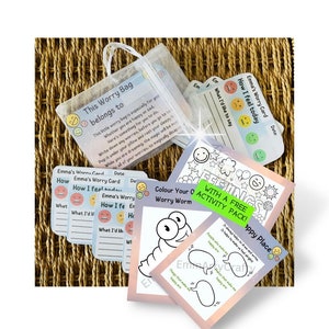 Paquete de preocupaciones para niños, descarga imprimible, regalo para la ansiedad, regalo para las preocupaciones, salud mental infantil, regalo de positividad, alivio de la ansiedad, gusano de las preocupaciones