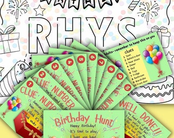 Birthday scavenger hunt, birthday hunt clue cards, birthday activities, birthday games, personalised birthday gifts, for children, party fun