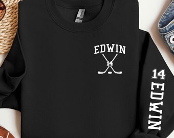 Nome da equipe personalizado e seu número de nome, moletom de hóquei personalizado na frente, atrás ou na manga, presente personalizado para amantes de hóquei no dia do jogo de hóquei