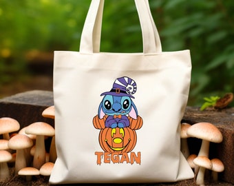 Bolsa tote personalizada fofa com abóbora do Mickey e Stitch, bolsa tote de Halloween, bolsa tote personalizada, bolsa tote personalizada para doces ou travessuras, bolsa de ombro personalizada