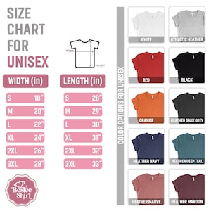 Pu&ograve; includere: Tabella delle taglie per t-shirt unisex con misure in pollici. La tabella mostra le misure di larghezza e lunghezza per le taglie S, M, L, XL, 2XL e 3XL. La tabella mostra anche le opzioni di colore per la t-shirt, tra cui bianco, grigio melange atletico, rosso, nero, arancione, grigio melange scuro, blu navy melange, blu teal melange, malva melange e marrone melange.