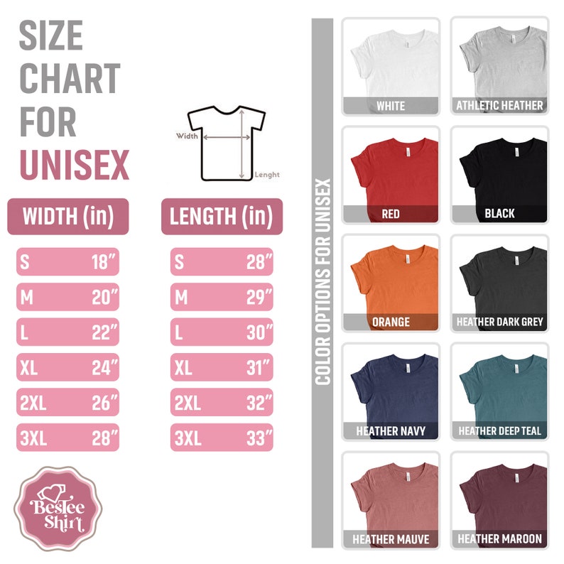 Pu&ograve; includere: Tabella delle taglie per t-shirt unisex con misure in pollici. La tabella mostra le misure di larghezza e lunghezza per le taglie S, M, L, XL, 2XL e 3XL. La tabella mostra anche le opzioni di colore per la t-shirt, tra cui bianco, grigio melange atletico, rosso, nero, arancione, grigio melange scuro, blu navy melange, blu teal melange, malva melange e marrone melange.