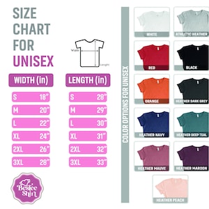 K&ouml;nnte beinhalten: Gr&ouml;&szlig;entabelle f&uuml;r Unisex-T-Shirts mit Ma&szlig;en in Zoll. Die Tabelle zeigt die Breiten- und L&auml;ngenma&szlig;e f&uuml;r die Gr&ouml;&szlig;en S, M, L, XL, 2XL und 3XL. Die Tabelle zeigt auch die Farboptionen f&uuml;r die T-Shirts, darunter Wei&szlig;, Athletik-Heather, Rot, Schwarz, Orange, Heather Dark Grey, Heather Navy, Heather Deep Teal, Heather Mauve, Heather Maroon und Heather Peach.