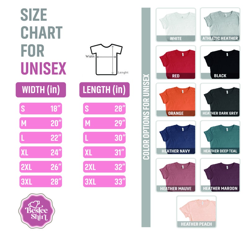 K&ouml;nnte beinhalten: Gr&ouml;&szlig;entabelle f&uuml;r Unisex-T-Shirts mit Ma&szlig;en in Zoll. Die Tabelle zeigt die Breiten- und L&auml;ngenma&szlig;e f&uuml;r die Gr&ouml;&szlig;en S, M, L, XL, 2XL und 3XL. Die Tabelle zeigt auch die Farboptionen f&uuml;r die T-Shirts, darunter Wei&szlig;, Athletik-Heather, Rot, Schwarz, Orange, Heather Dark Grey, Heather Navy, Heather Deep Teal, Heather Mauve, Heather Maroon und Heather Peach.