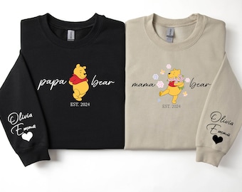 Custom Winnie The Pooh Mama Papa Bear Sweatshirt, Mama Papa Est with Kids Name on Sleeve Mama Bear, Custom Gift for Mom Dad Matching Sweater