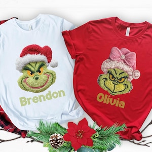 Custom Name Matching Christmas Mr Mrs Couple Shirt Sweatshirt, Grinch Christmas Faux Yarn Crochet Shirt,Funny Christmas Grinch Xmas Shirt