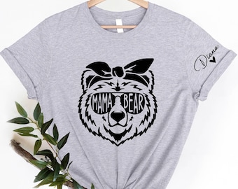 Mama Bear with Kids name On Sleeve Custom Shirt, Mothers Day Gift, Mama Bear With Bandana Shirt,Gift For Mom,Baby Shower Gifts,Mom To Be tee