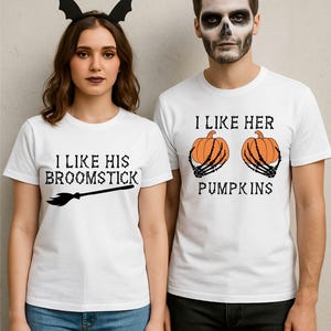 I Like His Broomstick I Like Her Pumpkins Shirt, Couple Matching Halloween Shirt,Funny Matching Halloween T-Shirt,Couple Halloween Party Tee