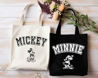 Borsa tote in tela vintage Disney Mickey Minnie, borsa tote regalo Disneyland, borsa da viaggio Disney, borsa tote per le vacanze Disney e grafica coordinata per maglietta