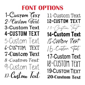 Peut inclure: Une liste de 20 options de polices pour personnaliser le texte. Les options sont num&eacute;rot&eacute;es de 1 &agrave; 20 et chaque option a un style de police diff&eacute;rent. Le texte "Custom Text" est utilis&eacute; dans chaque option.