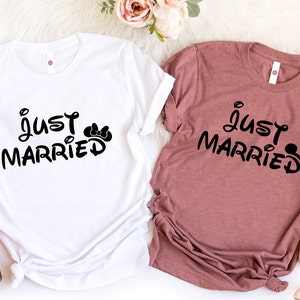Just Married Minnie Shirt, Just Married Mickey Shirt, Newly Married, Gift Idea For Couples, Disney Shirt, Trend Apparel, Customize Tee,