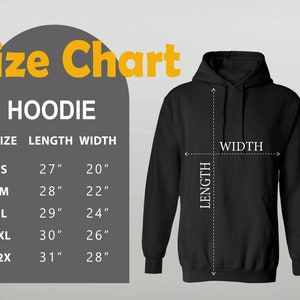 a black hoodie with a size chart for the hoodie