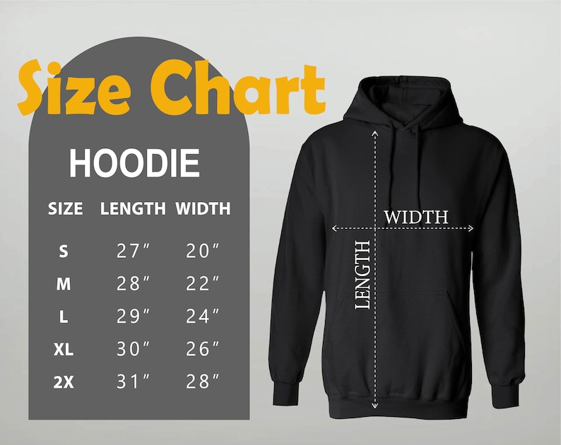 a black hoodie with a size chart for the hoodie