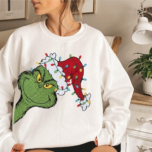 Grinch Christmas Lights Sweatshirt, Holiday Grinchmas Hoodie, Grinch Santa Hat Xmas Sweatshirt, Merry Christmas 2025 Feeling Extra Grinch
