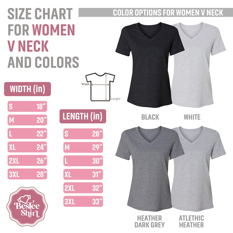 Pu&ograve; includere: Tabella delle taglie per magliette a collo a V da donna in nero, bianco, grigio scuro melange e melange atletico. La tabella mostra la larghezza e la lunghezza in pollici per le taglie S, M, L, XL, 2XL e 3XL.