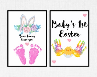 Baby’s First Easter, Some Bunny Loves You Print, Set Of Two, Easter Handprint Art, Easter Feet, Baby Keepsake, Baby prints
