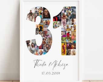 May include: A framed photo collage featuring the number "31" filled with various photos. Below the number is the name "Thabo Mkhize" and the date "17.03.2019" in a handwritten style font. The frame is white.