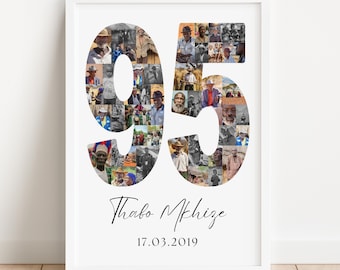 May include: A framed print featuring the number 95, composed of numerous small black and white photographs. Below the number, the name "Thabo Mkhize" and the date "17.03.2019" are written in black script. The print is in a white frame.
