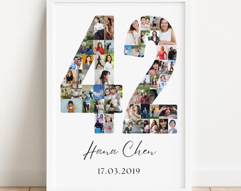 May include: A framed photo collage featuring the number "42" composed of numerous small photos. Below the number, the name "Hana Chen" is written in cursive, with the date "17.03.2019" underneath. The frame is white.