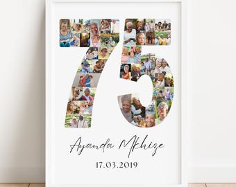May include: A framed white print featuring the number 75, composed of numerous small photographs. The name "Ayanda Mkhize" and the date "17.03.2019" are written in cursive script below the number. The photos appear to be of an older person.