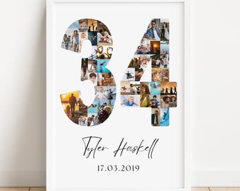 May include: White framed print featuring the number 34 filled with various photos. Below the number is the name "Tyler Haskell" and the date "17.03.2019" in a cursive font. The print is displayed on a white wall.