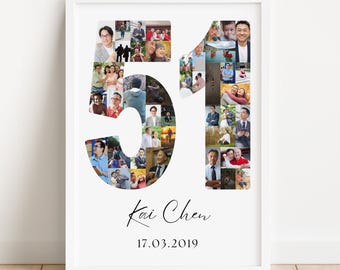 May include: A framed white print featuring the number "51" filled with various photographs. The name "Kai Chen" and the date "17.03.2019" are written in a script font below the number.