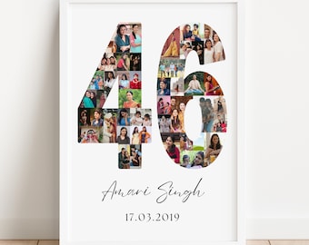 May include: A framed photo collage in a white frame. The collage is in the shape of the numbers 46, filled with various photos. Below the numbers is the name "Amari Singh" and the date "17.03.2019" in a script font.